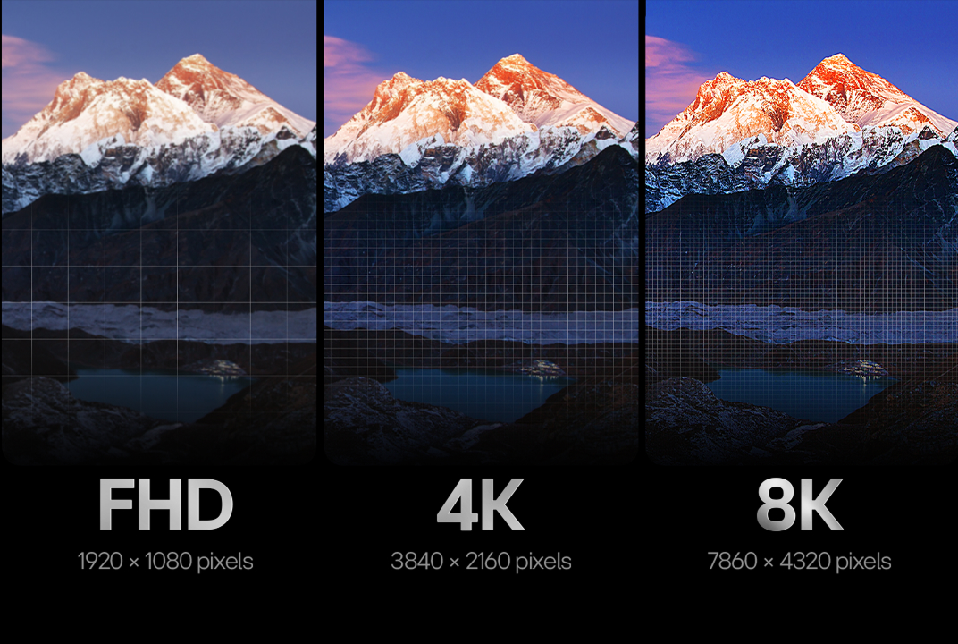 LG TV comparing FHD, 4K, and 8K mountain scenes side by side illustrates differences in resolution detail.