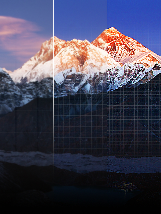 LG TV comparing FHD, 4K, and 8K mountain scenes side by side illustrates differences in resolution detail.