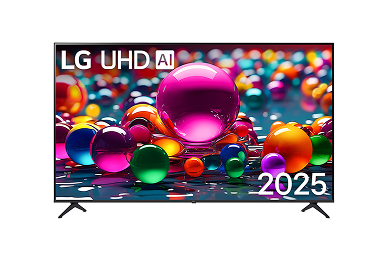 Front view of the UHD UA75 TV, LG UHD, with AI logo in the upper corner. The LG UHD TV displays colourful, painterly textures coming together.