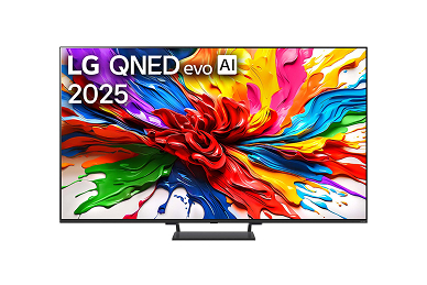 Front view of LG QNED evo QNED93 TV, LG QNED evo Al Logo on the top corner. LG QNED evo TV depicts colourful paintike textures coming together.