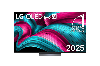 Front view of LG OLED evo AI C5 4K Smart TV. 12 Years of world number 1 OLED emblem and LG OLED evo AI 2025 logo are on the screen.