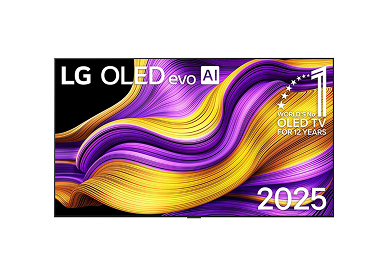 Front view of LG OLED evo AI G5 4K Smart TV. 12 Years of world number 1 OLED emblem and LG OLED evo AI 2025 logo are on the screen.
