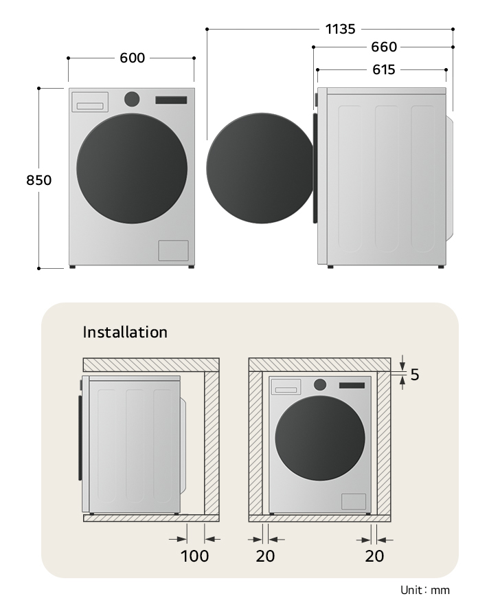 LG washing machine technical drawing: W 600, H 850, D 615mm (door open 1135mm), including installation clearances.