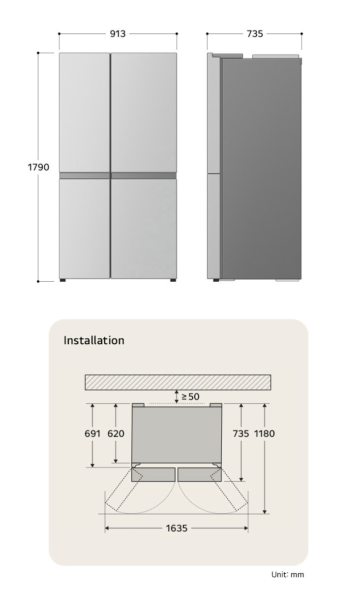 LG Side-by-Side Refrigerator GSXE81PYBD displaying the detailed installation dimensions and product size, including a height of 1790 mm, width of 913 mm, and depth of 735 mm.