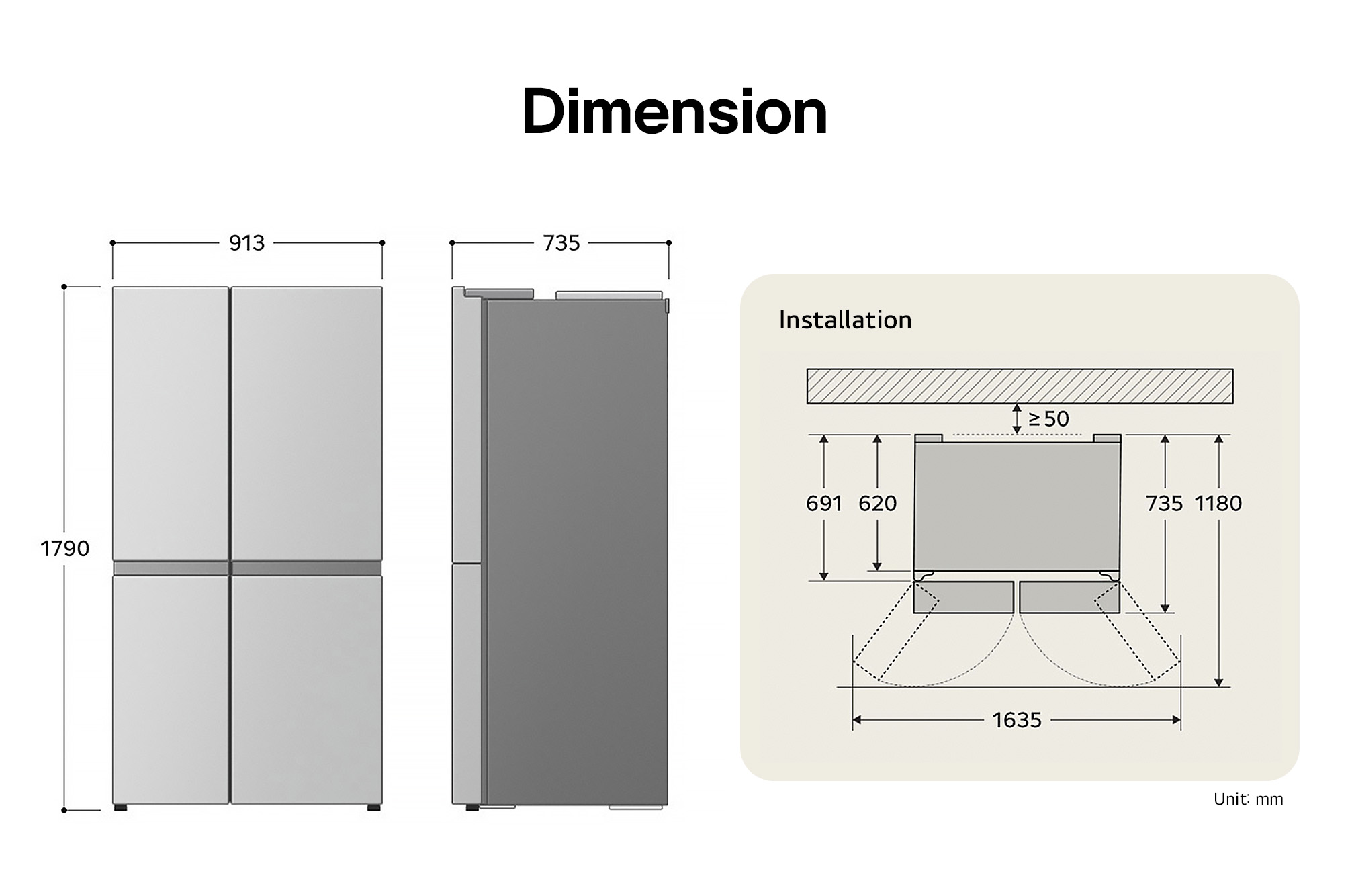 LG Side-by-Side Refrigerator GSXE81PYBD displaying the detailed installation dimensions and product size, including a height of 1790 mm, width of 913 mm, and depth of 735 mm.