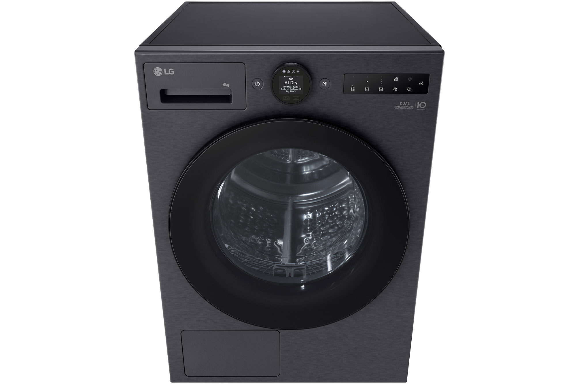 LG 9kg DUAL Inverter Heat Pump™ Dryer, Black, RHX7009TBB, Front High Angle View