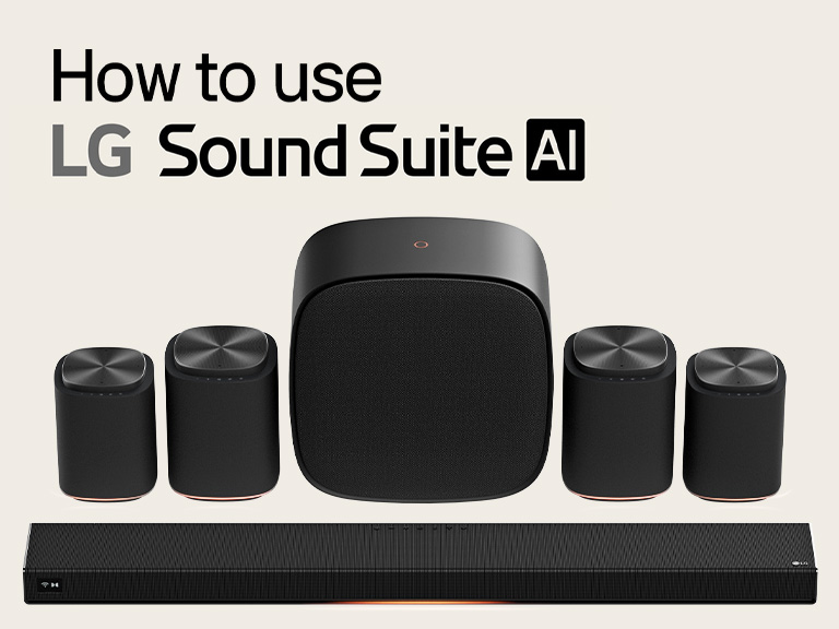 LG Sound Suite home theater speaker set with a H7 soundbar, a pair of M7 speakers, another pair of M5 speakers and a W7 woofer.
