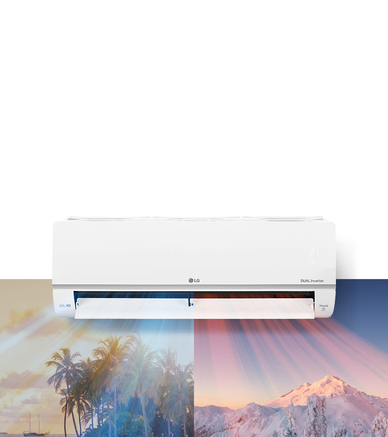 LG Dual Inverter air conditioner, cooling with a beach scene on the left and heating with snowy mountains on the right.