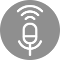 White microphone icon with three sound waves above it, centred on a red background, indicating audio or recording. A grey microphone icon with three curved lines above, centred on a grey background, indicating voice functionality.