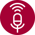White microphone icon with three sound waves above it, centred on a red background, indicating audio or recording. A grey microphone icon with three curved lines above, centred on a grey background, indicating voice functionality.