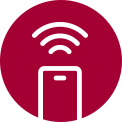 Red circular icon with a white smartphone at the centre, emitting three wireless signals above it, indicating remote control. Smartphone icon with Wi-Fi signal waves at the top centre on a grey background.