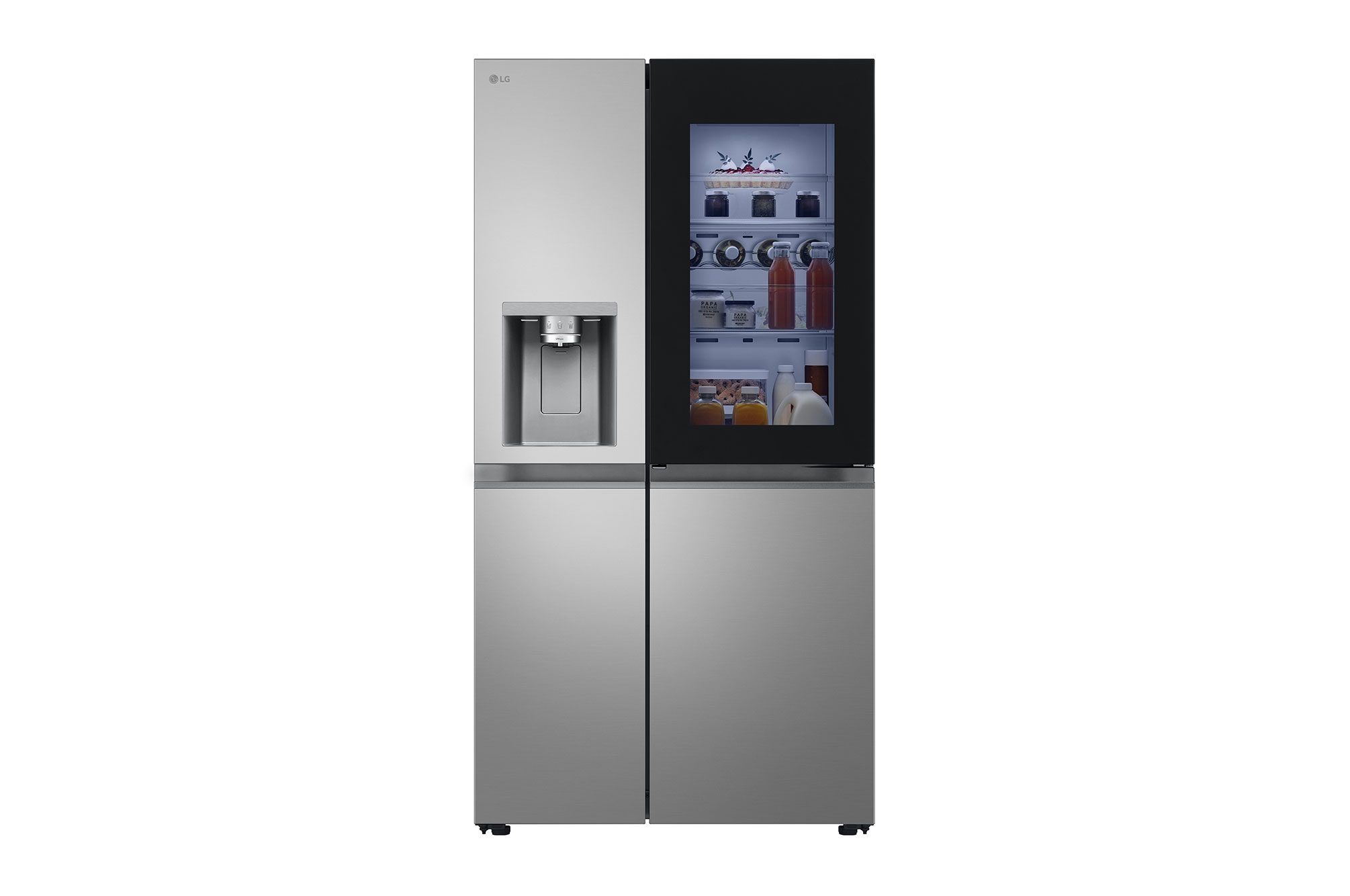 Front view of 628L InstaView™ Side-By-Side Fridge Freezer, Prime Silver GSXE81PYBD