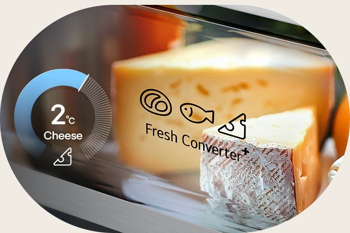 LG bottom freezer (GBBS726CEV) graphic with circular chart showing 2°C on left and fresh cheese stored in Fresh Converter box on right