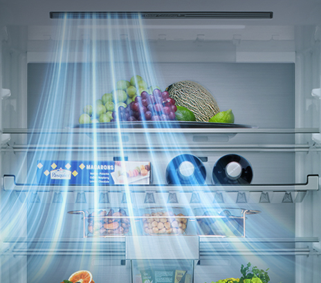 LG bottom freezer (GBBW726AEV) interior view with shelves of fruits vegetables drinks and snacks with blue airflow lines from left side