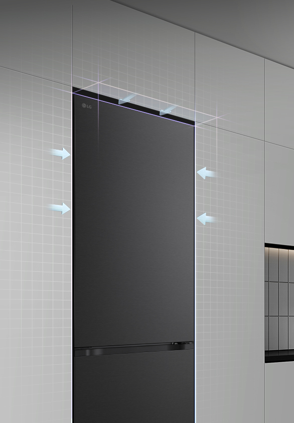 LG bottom freezer (GBBW726AEV) installed flush in tall grey cabinets with blue arrows pointing to top side and front surfaces