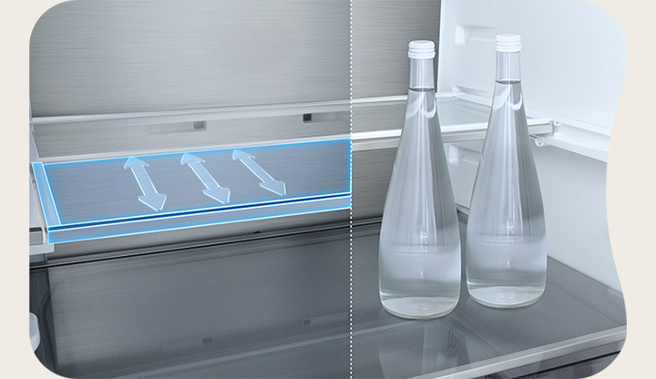 LG fridge freezer (GBBS726CEV) shelf highlighted in blue with arrows up and down right image shows folded shelf holding two water bottles	