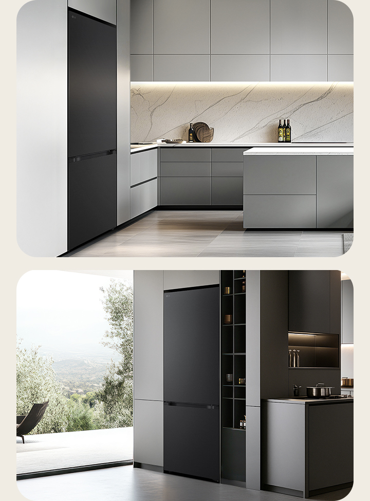LG bottom freezer (GBBS726CEV) left in light grey cabinets with marble backsplash right in dark cabinetry beside shelves and cookware	