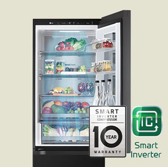 Fresh food-filled refrigerator with open door and logo images for warranty and smart inverter.	