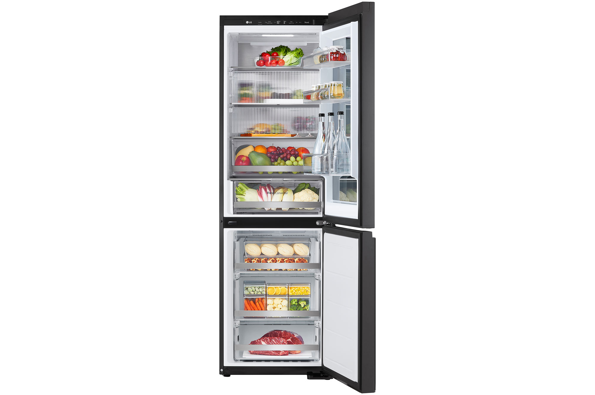 LG 349L InstaView™ Fridge Freezer, Essence Black Steel, GBG5160CEV, Door Open