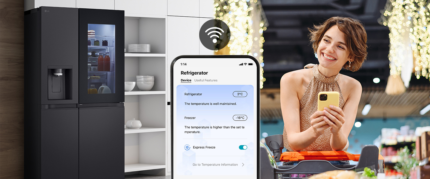 LG smart refrigerator connected to mobile app showing temperature settings, woman in store using smartphone.