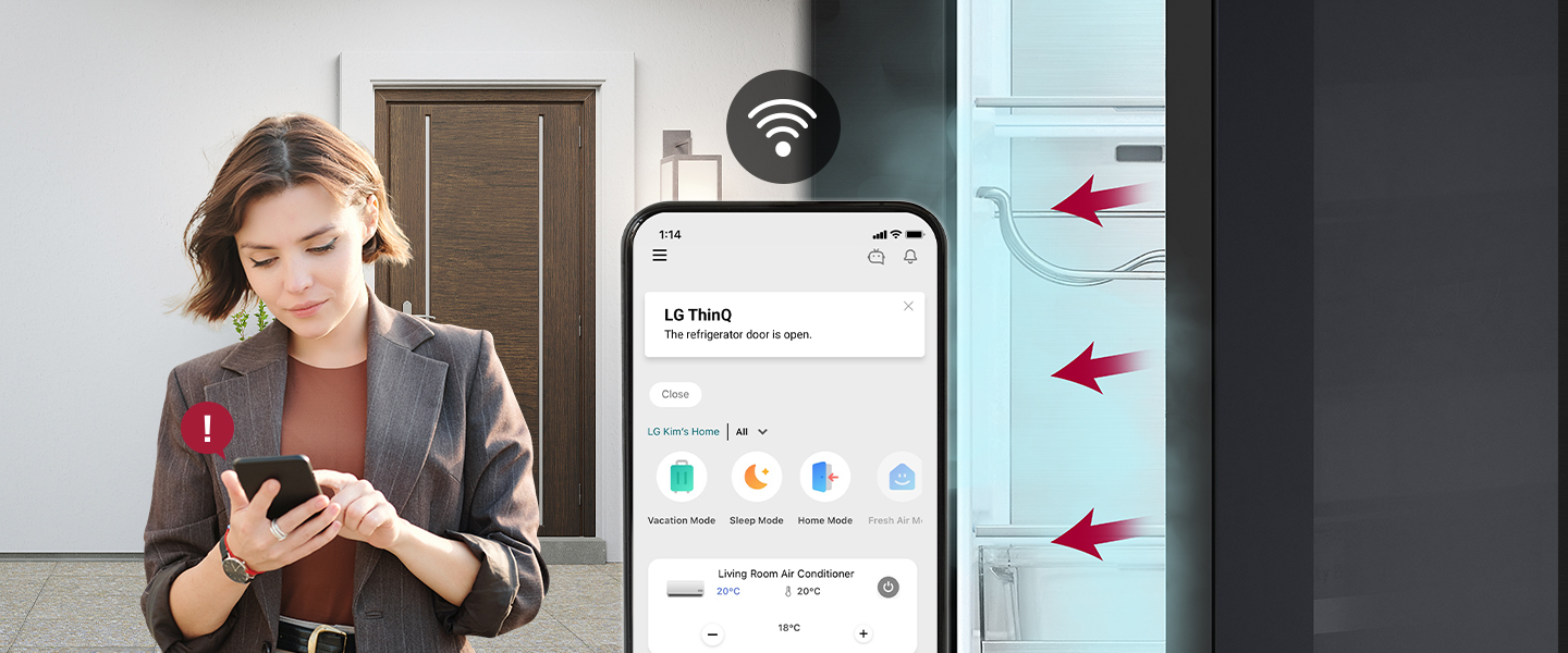 LG ThinQ app alerts user about open refrigerator door with Wi-Fi symbol above smartphone screen.