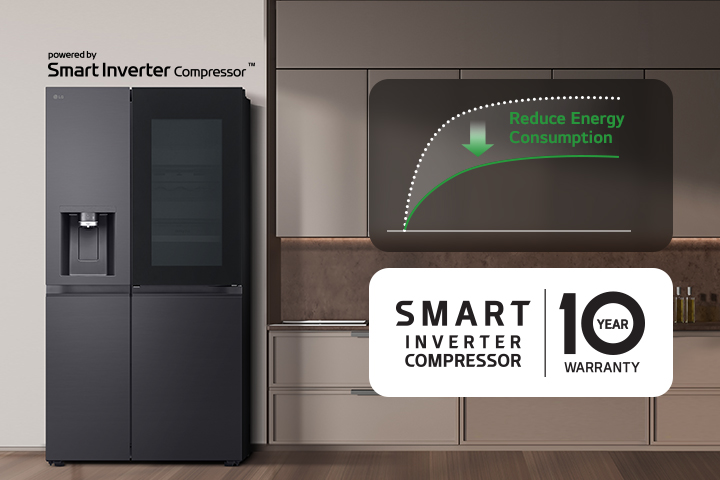Sleek black LG fridge with smart inverter, left side of kitchen, promotes energy-saving. 10-year warranty noted.
