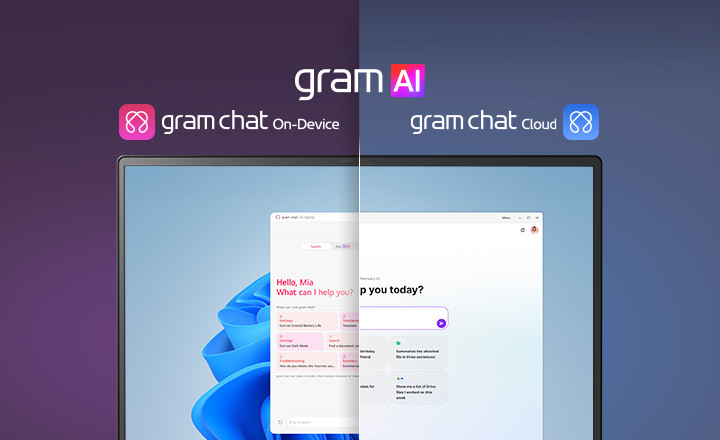 A split-screen image showcasing 'gram AI' with two distinct modes: 'gram chat On-Device' on the left, represented by a pink icon, and 'gram chat Cloud' on the right, represented by a blue icon. The screen displays an AI interface, symbolizing seamless AI functionality across both modes.	