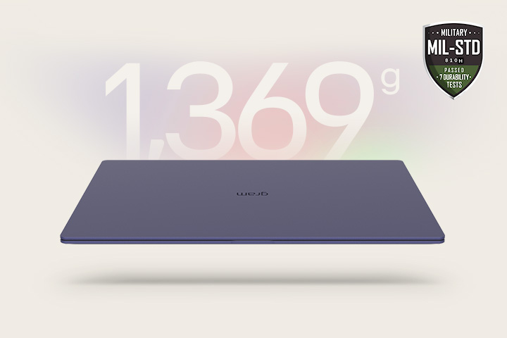 An animation showcasing a lightweight laptop with '1,369g' displayed in the first frame and '13.2mm' thickness in the second frame. Both frames include the MIL-STD durability badge, emphasising portability and durability.	