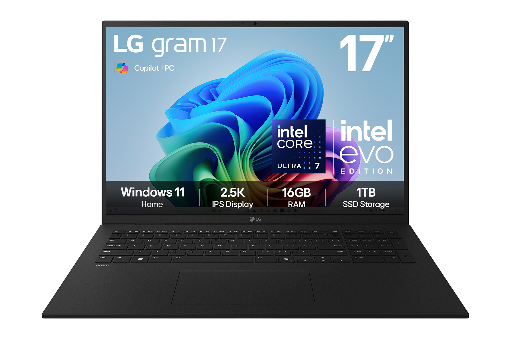 Front view of 17" LG gram AI, Copilot+ PC, 16GB RAM, Intel® Core™ Ultra Processor, gram Hybrid AI, Obsidian Black - 17Z90TL-G