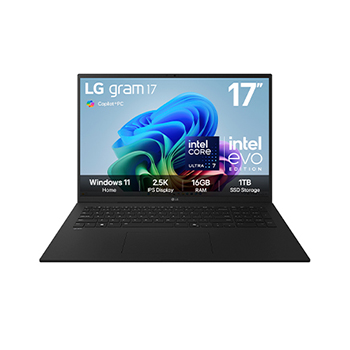 Front view of 17" LG gram AI, Copilot+ PC, Windows 11 Home, Intel® Core™ Ultra Processor, Black 17Z90TL-G.AU78A1