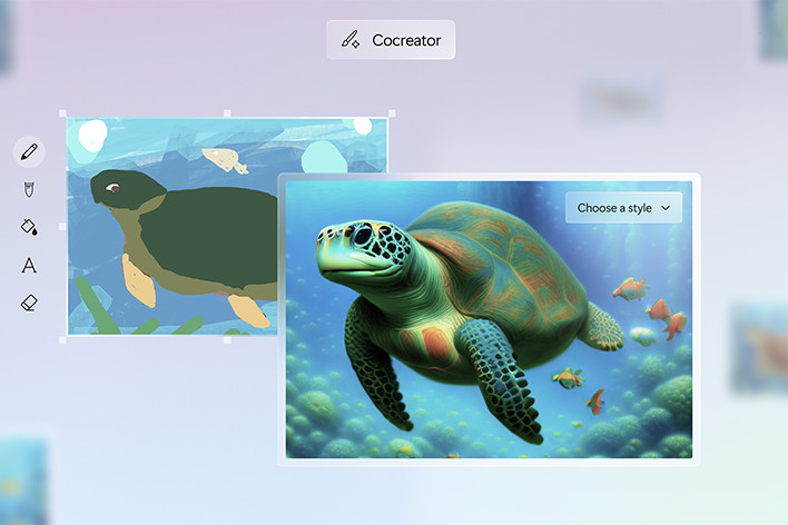 This image shows a 'Cocreator' feature with two panels. The left panel displays a simple illustration of a turtle, while the right panel shows a realistic, stylized rendering of a sea turtle swimming underwater with vibrant fish. A dropdown menu labeled 'Choose a style' appears in the realistic panel, indicating an AI-assisted style transformation tool.