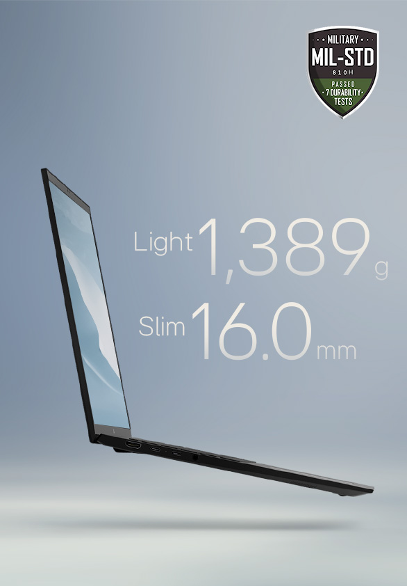 The image showcases a slim laptop with the text: "Light, thin, all-powerful" at the top. Key specifications, "Light 1,389g" and "Slim 16.0mm," are highlighted in the center. A MIL-STD durability badge is displayed in the upper-right corner, emphasizing its robustness.