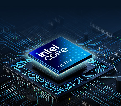 A close-up of an Intel Core Ultra processor embedded in a high-tech circuit board. The chip is surrounded by intricate circuitry with glowing  blue lights, creating a futuristic and high-performance aesthetic.