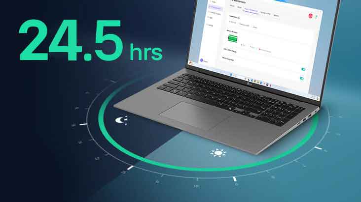 A laptop displaying a battery usage interface on its screen, surrounded by a circular visual representation of time. The text '24.5hrs' is prominently featured, highlighting extended battery life.