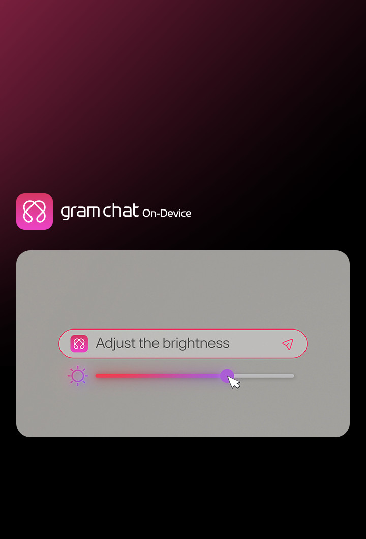 LG gram chat On-Device AI adjusting screen brightness through a voice command, showing a search bar input for 'Adjust the brightness' with a slider control.