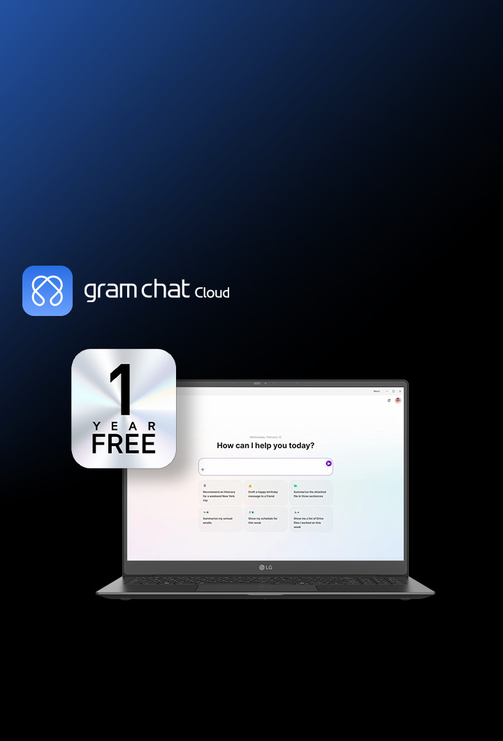 LG gram chat Cloud AI interface powered by GPT-4o displayed on a laptop screen, with a Wi-Fi icon and a '1-year free' offer badge.