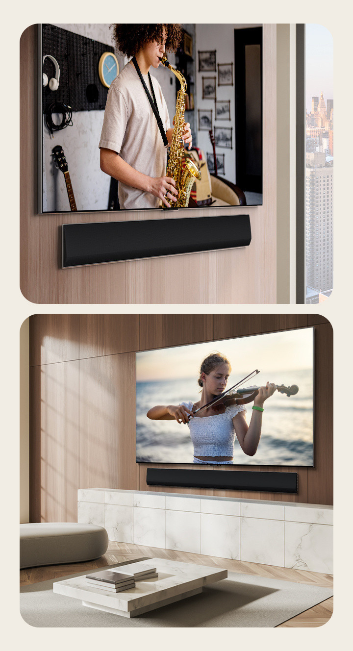 A side angle of an LG Soundbar and LG TV mounted on the wall with a saxophone visible on the screen. LG Soundbar and LG TV on the wooden wall of an apartment, with a woman playing the violin by the sea.