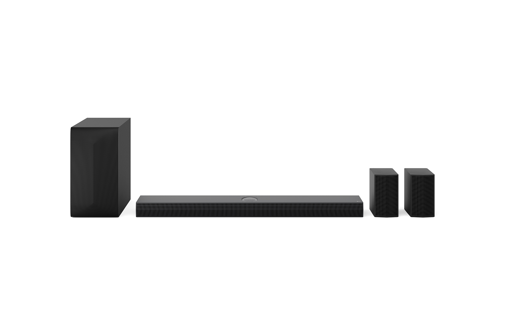 Front view of LG Soundbar US70TR, subwoofer, and Rear Speakers