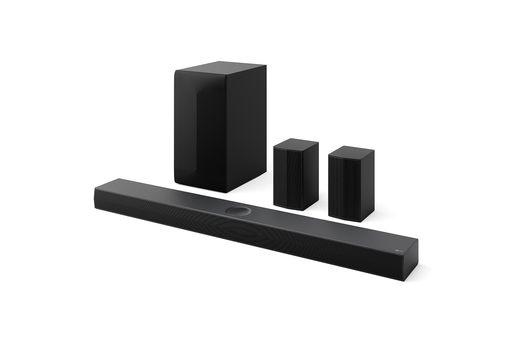 Angled view of LG Soundbar US70TR, subwoofer, and Rear Speakers