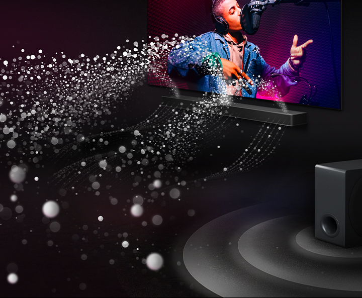 LG Soundbar and LG TV in a black room playing a musical performance. White droplets representing soundwaves shoot upwards and forward from the soundbar. A subwoofer is creating a sound effect from the bottom.