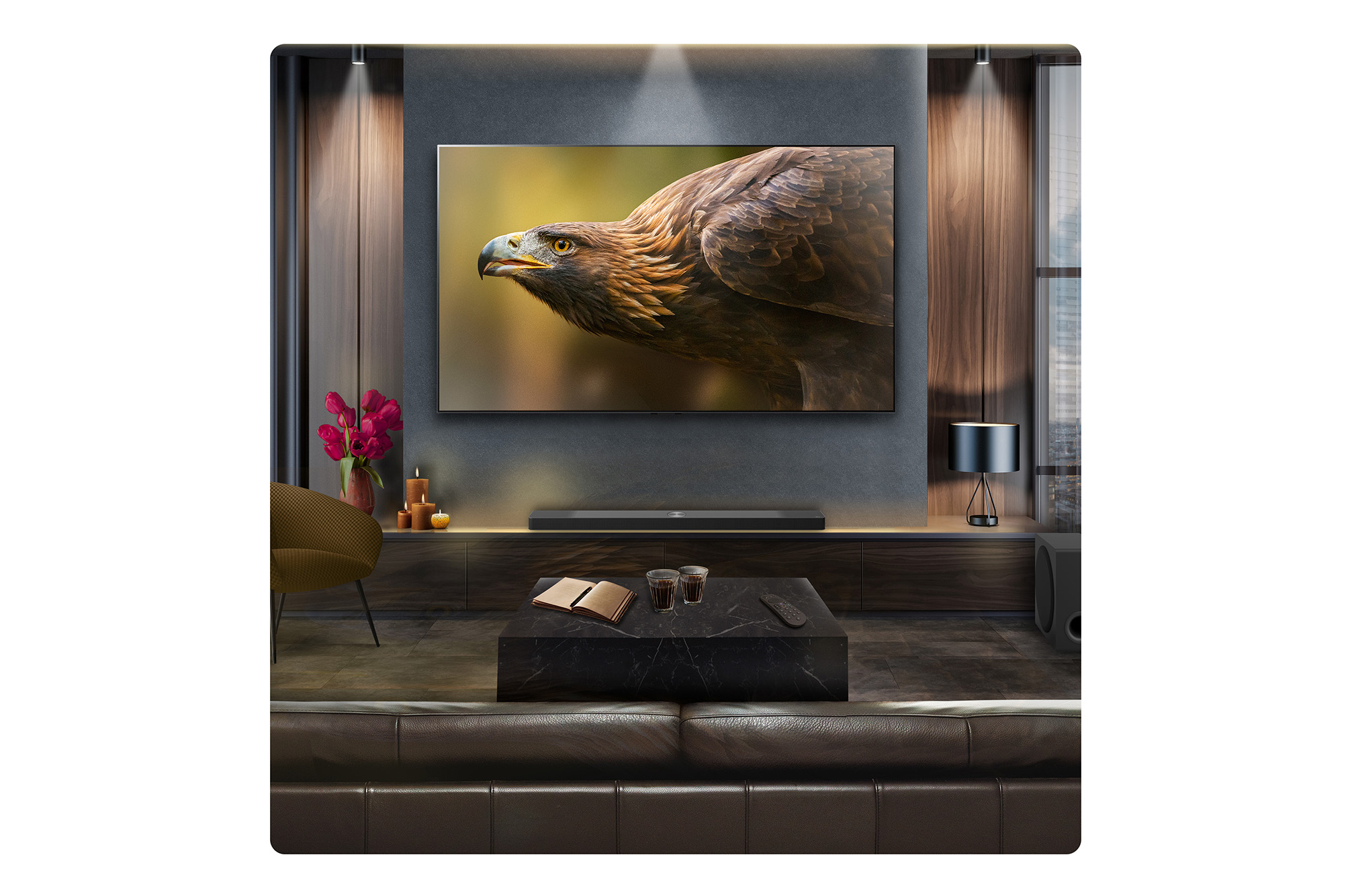 Lifestyle image showing the US80TR with LG TV in a luxury living room setting 