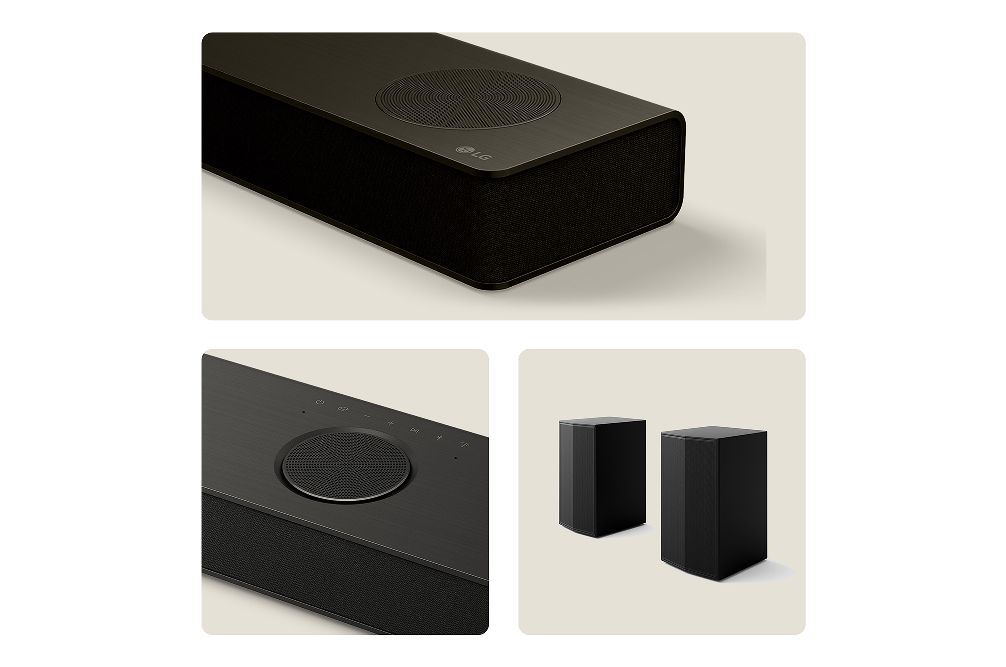 3 individual shots of the US80TR soundbar and speaker 