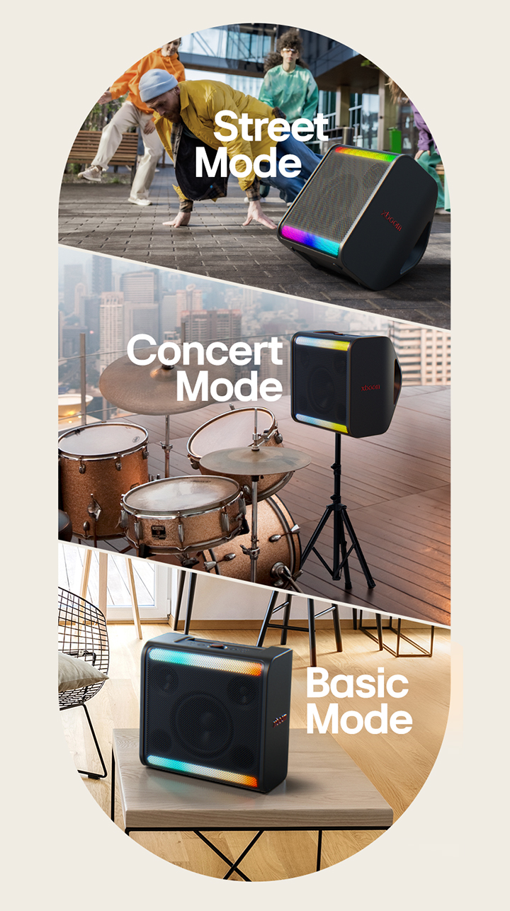 On the left xboom Stage 301 stands on the ground in front of dancing peoeple. In the middle part xboom Stage 301 is placed on its stand next to drums. On the right xboom Stage 301 stands on a table in a living room.