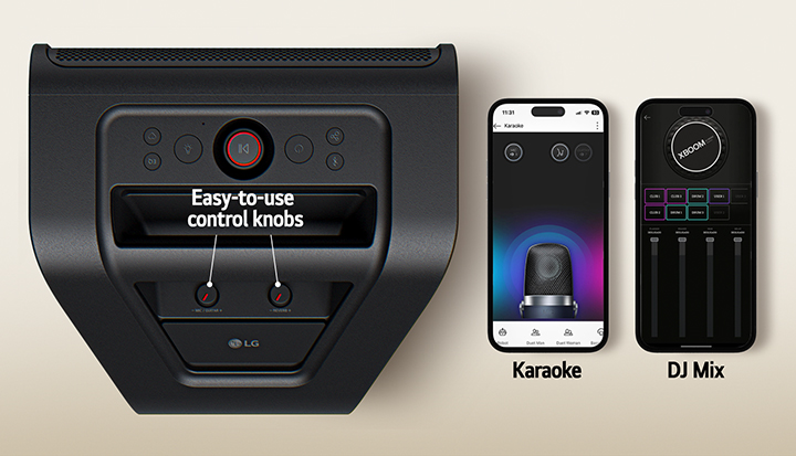 On the left xboom Stage 301's top view with its knobs and buttons marked. To the right two mobile phones are placed with the xboom app screens shown.