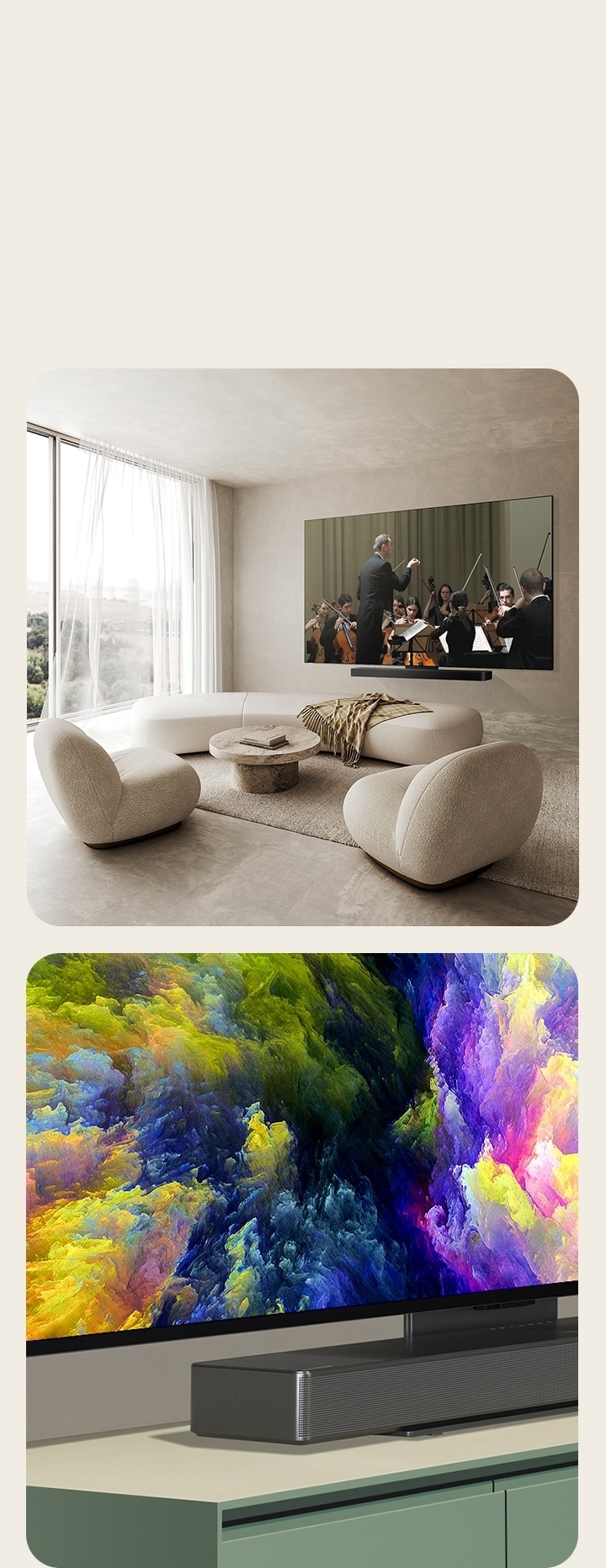 An angled view of the bottom corner of LG OLED C4 showing an absrtact artwork of a forest on the screen. The TV is attached to an LG Soundbar via the Synergy bracket and has an abstract artwork of a forest on screen.  An image of LG OLED C4 and an LG Soundbar in a clean living space flat against the wall with an orchestral performance playing on screen. 