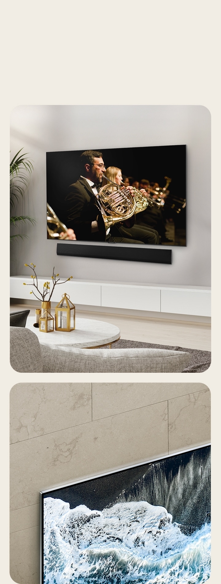 One image features an angled view of the bottom corner of the LG OLED G4, displaying blue waves. In another, the LG OLED G4, with its ultra-slim one wall design, seamlessly blends into a clean living space, showcasing an orchestral performance on screen.
