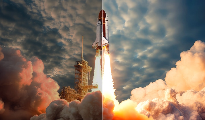Scene of a space shuttle launch that's split in half. One half of the scene is bright and vivid thanks to the LG brightness boosting algorithms. The other half is dark, faded, and gray. 