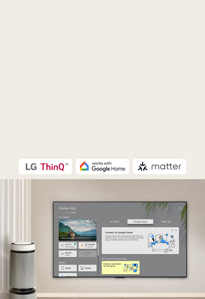 LG TV with Home Hub on the screen. UI shows Google Home, ThinQ, and other IoT showing how you can easily manage all your smart devices on your TV.	
