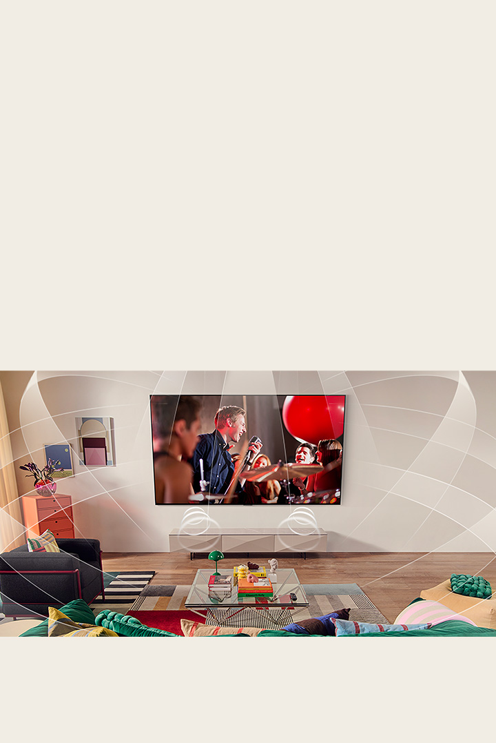 Living room with a wall-mounted LG TV. Sound waves are graphically represented to fill the space showing how virtual 11.1.2 channels create a surround sound experience for the user. 	