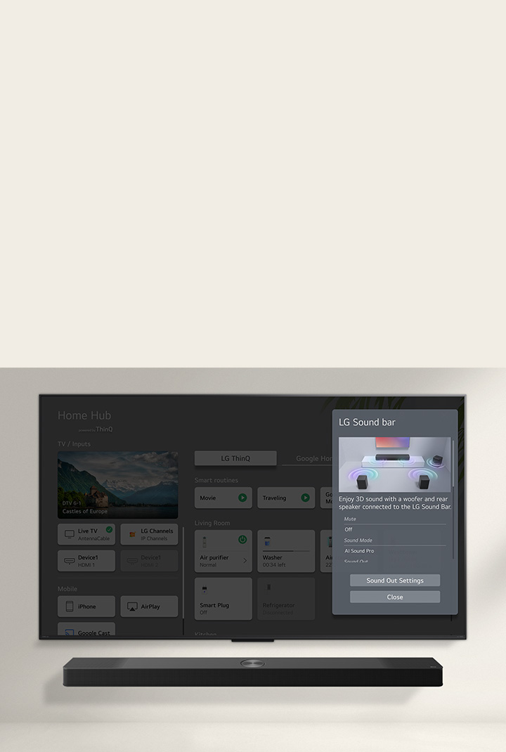 LG Soundbar is below an LG OLED TV. On the TV screen is the UI for the soundbar and TV volume controls. 	